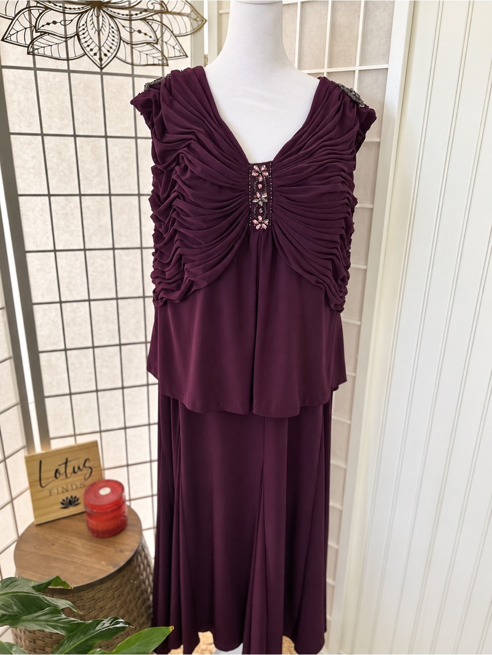 Alex Evenings Dark Plum Rhinestone Ruched Gown Plus Size 24W
